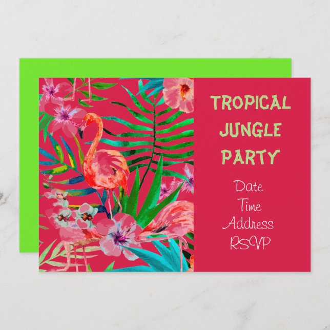 Tropical Jungle party with flamingo Invitation (Front/Back)