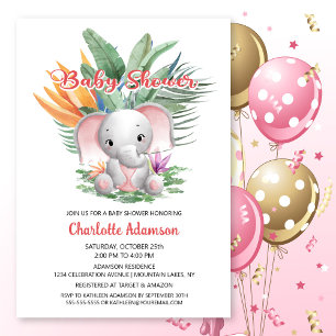 Tropical Jungle Pink Elephant Baby Shower Invitation