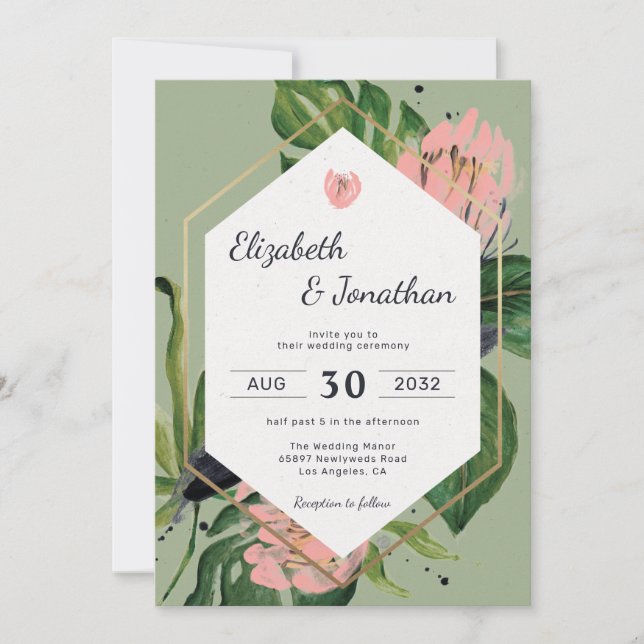 Tropical jungle pink flower & leaves floral modern invitation (Front)