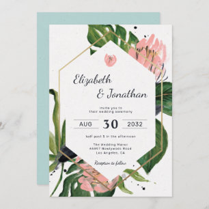 Tropical jungle pink flower & leaves floral modern invitation