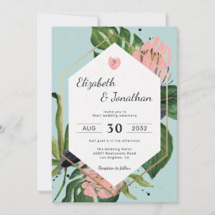 Tropical jungle pink flower & leaves floral modern invitation