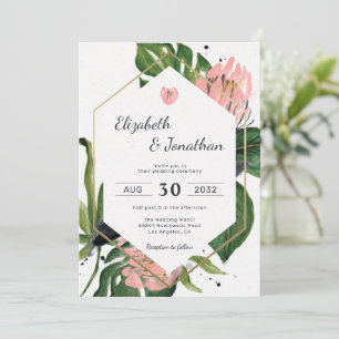 Tropical jungle pink flower & leaves floral modern invitation
