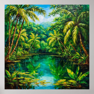 Tropical Jungle River Surrounded by Lush Greenery Poster