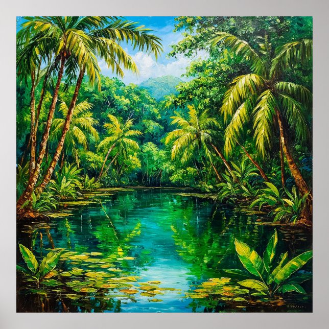 Tropical Jungle River Surrounded by Lush Greenery Poster (Front)