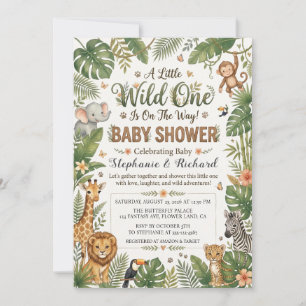 Tropical Jungle Safari Animal Wild One Baby Shower Invitation