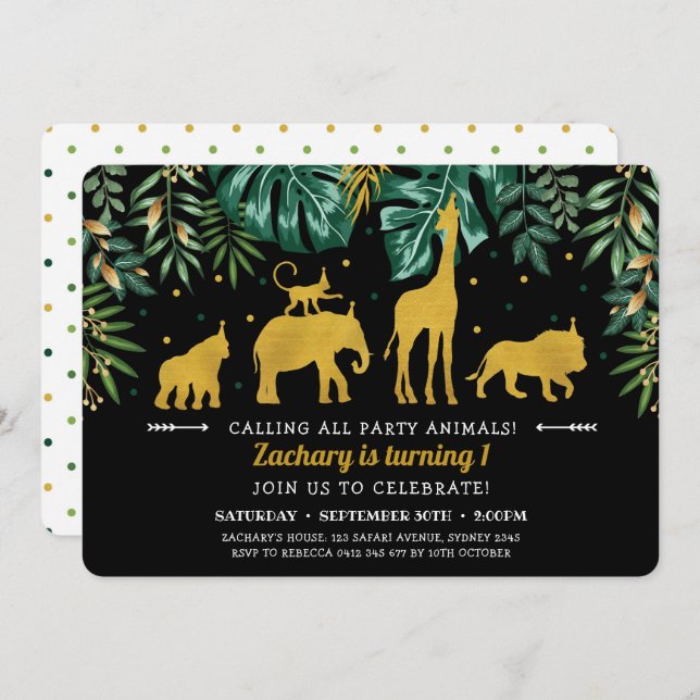 Tropical Jungle Safari Animals 1st Birthday Invitation (Front/Back)