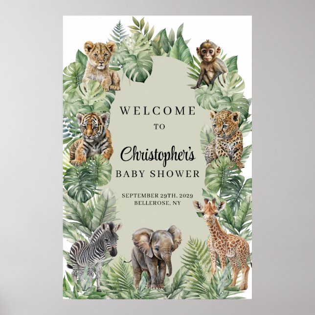 Tropical Jungle Safari Animals Baby Shower Welcome Poster (Front)