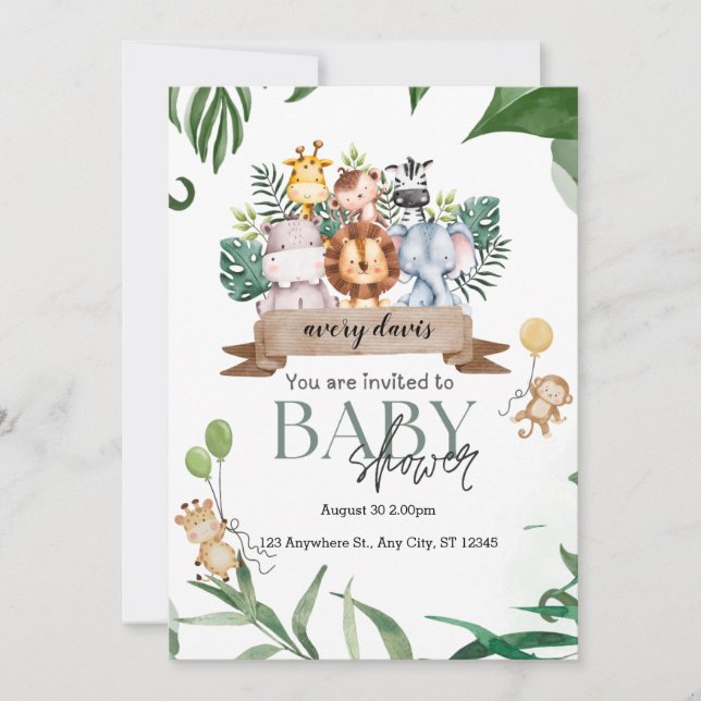 Tropical Jungle Safari Animals Boy Baby Shower Inv Invitation (Front)