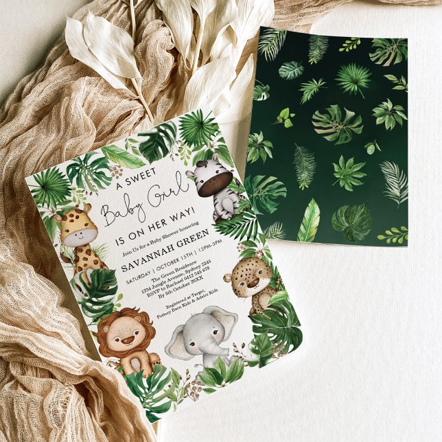 Tropical Jungle Safari Animals Girl Baby Shower Invitation (Creator Uploaded)