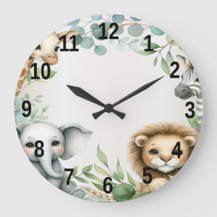 Tropical Jungle Safari Animals Green Leaves Party Large Clock