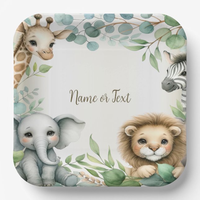 Tropical Jungle Safari Animals Green Leaves Party Paper Plate (Front)
