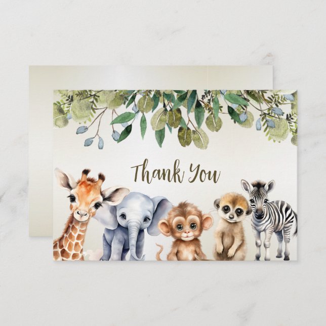 Tropical Jungle Safari Animals Green Leaves Party Thank You Card (Front/Back)