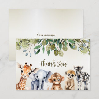 Tropical Jungle Safari Animals Green Leaves Party Thank You Card