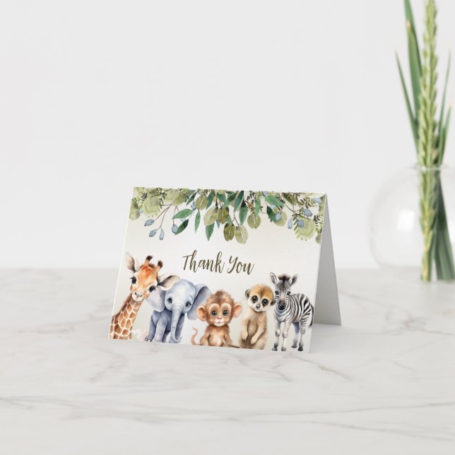 Tropical Jungle Safari Animals Green Leaves Party Thank You Card (Front)