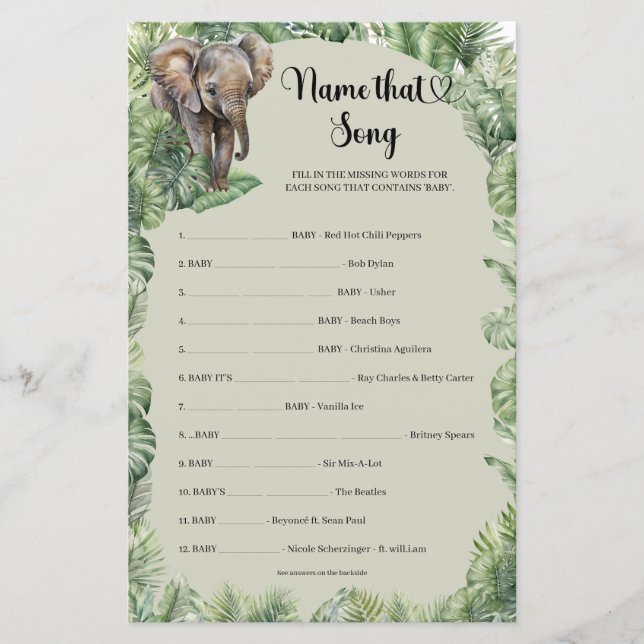 Tropical Jungle Safari Animals Name That Song game (Front)