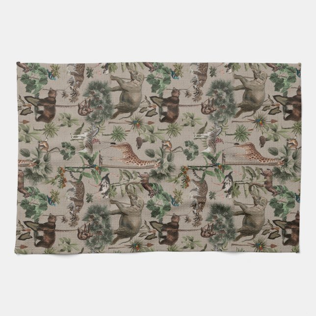 Tropical Jungle Safari Animals Pattern Tea Towel (Horizontal)