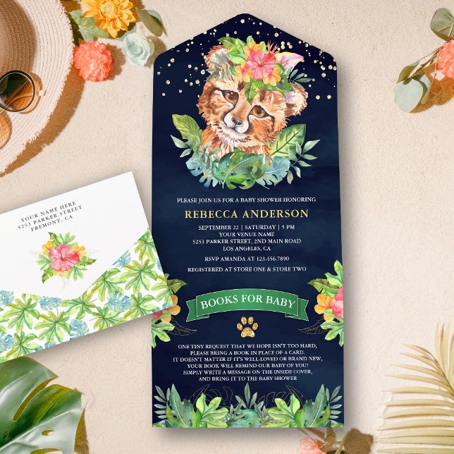 Tropical Jungle Safari Cheetah Navy Baby Shower All In One Invitation (Creator Uploaded)