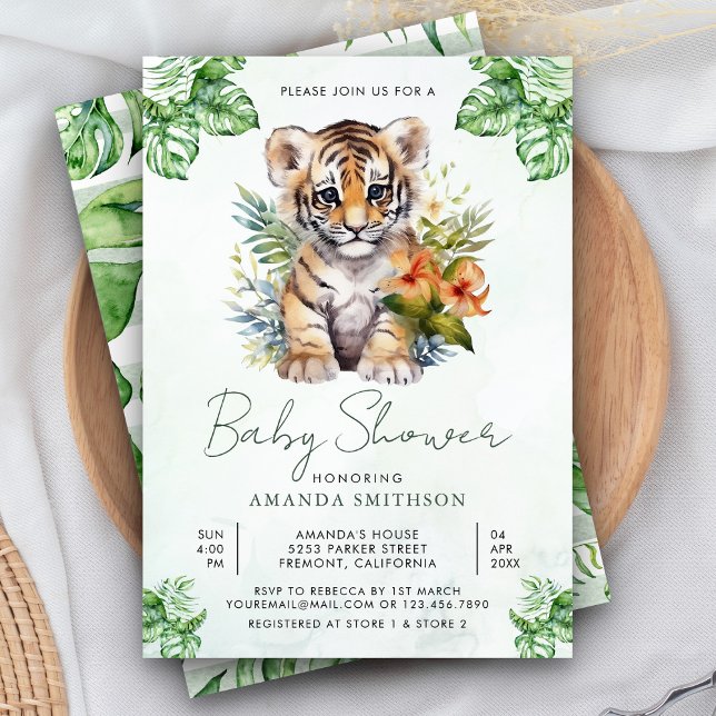 Tropical Jungle Safari Cute Tiger Girl Baby Shower Invitation (Creator Uploaded)