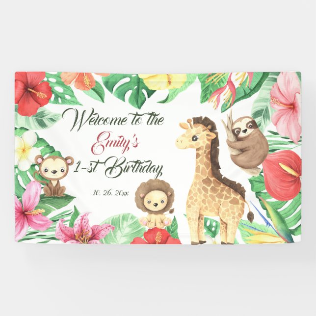 Tropical Jungle Safari First Birthday Banner (Horizontal)