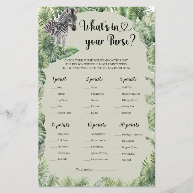 Tropical Jungle Safari What is in Your Purse game (Front)