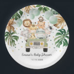 Tropical Jungle Safari Wild Animals Baby Shower Paper Plate<br><div class="desc">This beautiful design features adorable watercolor illustration of safari animals and lush tropical greenery in green and gold. The text fields are fully editable. You can change the wording to suit your event,  e.g. birthday,  baby shower / sprinkle,  baptism,  christening,  naming day,  etc</div>