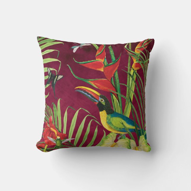 Tropical Jungle Toucan Bird Watercolor Floral Palm Cushion (Front)