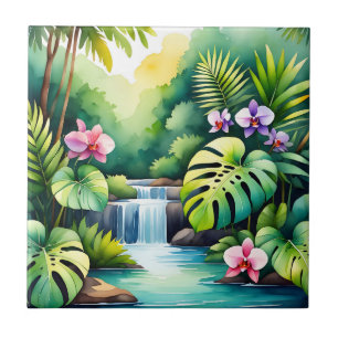 Tropical Jungle Waterfall Orchid Paradise  Ceramic Tile