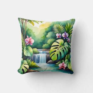 Tropical Jungle Waterfall Orchid Paradise  Cushion