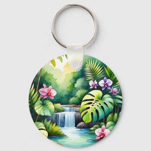 Tropical Jungle Waterfall Orchid Paradise Key Ring