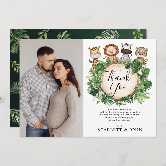 Tropical Jungle Wild Animals Baby Shower Photo Thank You Card (Front/Back)