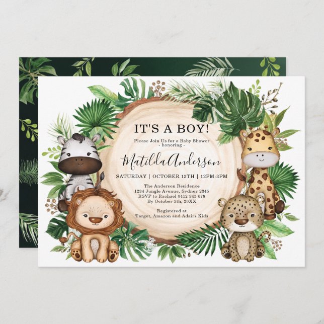 Tropical Jungle Wild Safari Animal Boy Baby Shower Invitation (Front/Back)