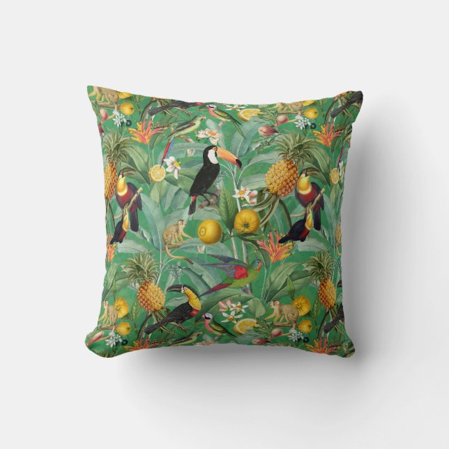 Tropical Jungle With Toucan Birds And Flowers Thro Cushion (Front)