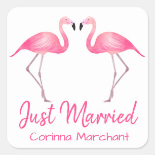 Tropical Just Married Pink Flamingos Wedding Square Sticker
