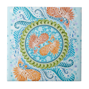 Tropical Koi Mandala   Vibrant Ocean Zen Art Ceramic Tile