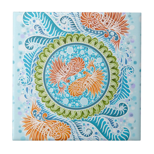 Tropical Koi Mandala | Vibrant Ocean Zen Art Ceramic Tile (Front)