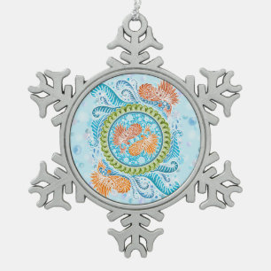 Tropical Koi Mandala   Vibrant Ocean Zen Art Snowflake Pewter Christmas Ornament