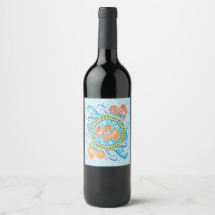 Tropical Koi Mandala Vibrant Ocean Zen Art Wine Label