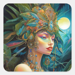 Tropical Lady Fantasy Art Square Sticker