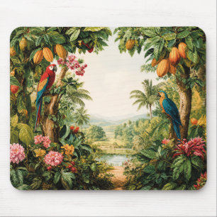 Tropical Landscape Cacao Parrots Flower Watercolor Mouse Pad