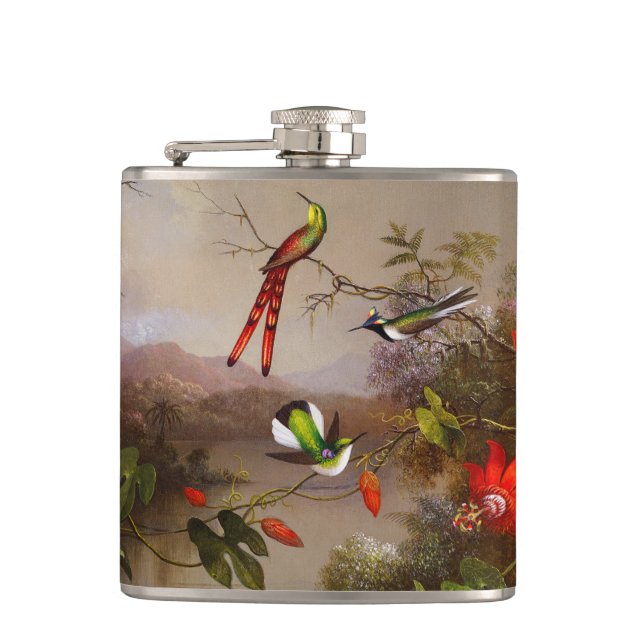 Tropical Landscape with Ten Hummingbirds Heade Hip Flask (Front)