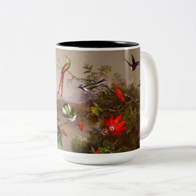 Tropical Landscape with Ten Hummingbirds Heade Two-Tone Coffee Mug (Front Right)