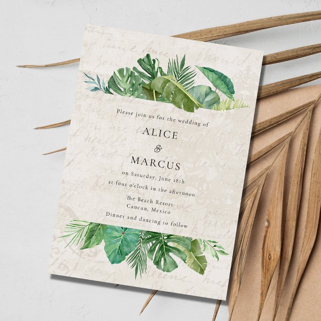 Tropical Leaf Aged Paper Beach Destination Wedding Invitation (Tropical Leaf Aged Paper Beach Destination Wedding Invitation)