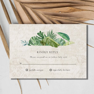 Tropical Leaf Aged Paper Beach Destination Wedding RSVP Card