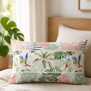 Tropical Leaf and Bird Pattern Lumbar Cushion