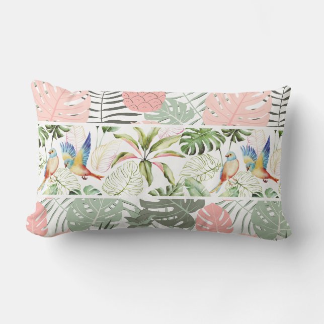 Tropical Leaf and Bird Pattern Lumbar Cushion (Front)