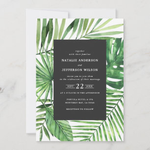 Tropical leaf and script watercolor wedding invite