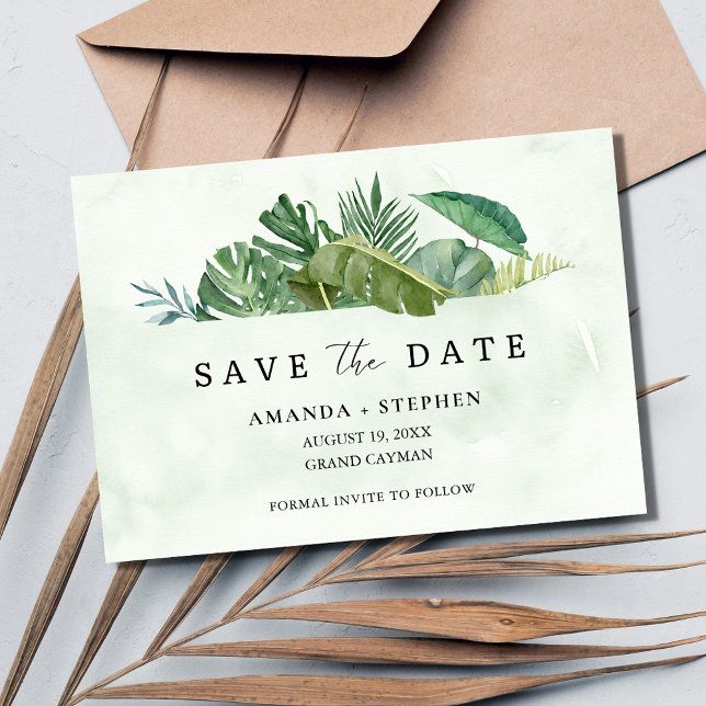 Tropical Leaf Beach Wedding Save the Date Invitation (Tropical Leaf Beach Wedding Save the Date)