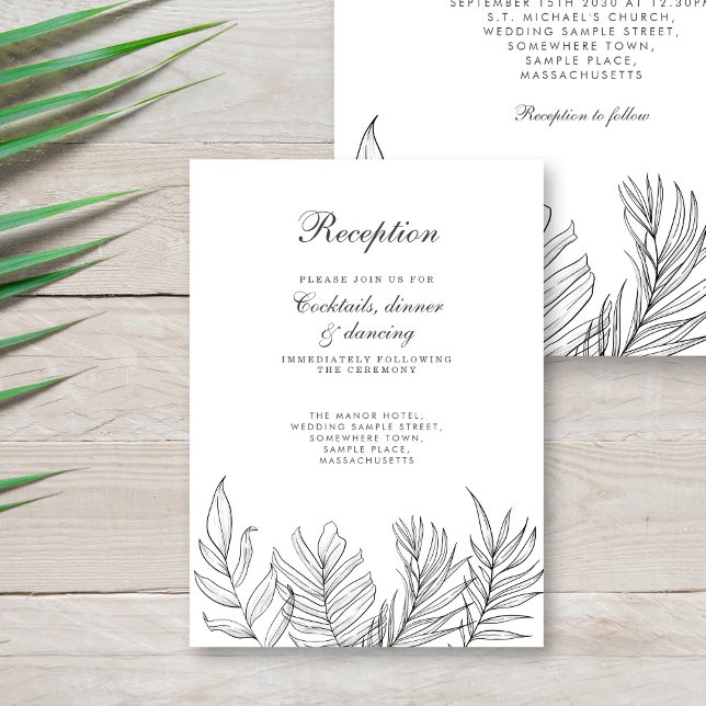 Tropical Leaf Black White Reception Enclosure Card (Creator Uploaded)