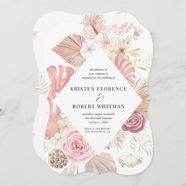 tropical leaf bohemian blush Wedding Invitation (Front/Back)