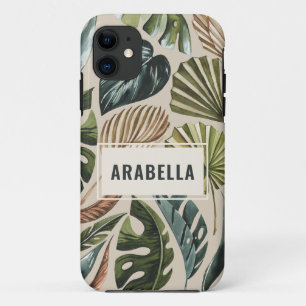 Tropical leaf botanical and personalized name iPhone 11 case
